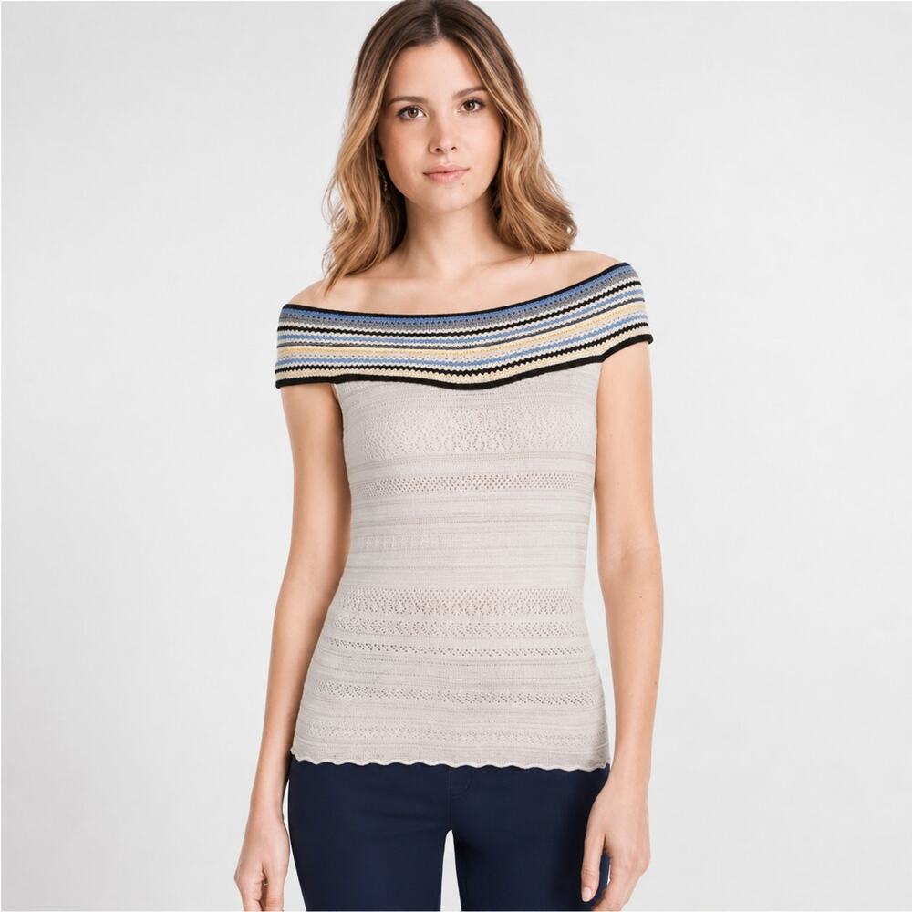 WHBM Cream Pointelle Sweater Tank M Coastal Preppy Crochet Stripe Yoke